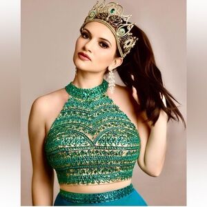 Sherri Hill Teal and Gold Prom Dress